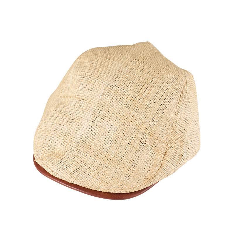 Natural Raffia Flat Cap with Faux Leather Brim
