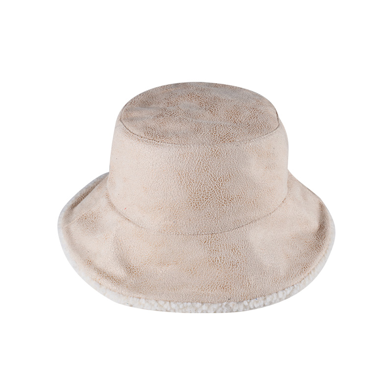 Vintage Style Suede Bucket Hat with Faux Fur Lining